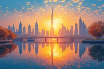 Fotobehang A view of Dubai's skyline with the Burj Khalifa in the center © Molostock