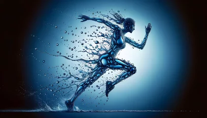 Foto op Plexiglas A dynamic figure made of water leaps gracefully, its form captured in a splash, symbolizing movement, fluidity, and the human body's artistry.AI generated. © Czintos Ödön