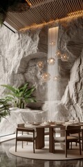 Mountain Waterfall Cave Style Interior - Mountain Cave Dining Room Backdrop - Beautiful Bright Dining Room Indoor Background - Cave Waterfall Dining Room Design created with Generative AI Technology