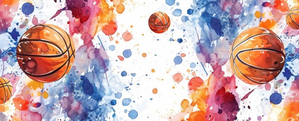 Basketball Watercolor Symphony - The fluidity of watercolor art meets the bounce of basketballs in this symphonic illustration - obrazy, fototapety, plakaty