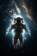 Fototapeta na wymiar Astronaut in spacesuit with helmet visor reflecting stars and colorful nebula