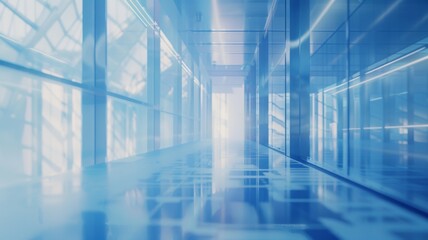 Sleek Blue Corridor Modernity - A futuristic digital illustration of a sleek blue corridor, embodying modern design and innovation