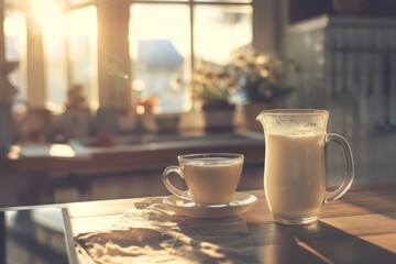 Cozy Morning Coffee Aesthetic - A warm, inviting scene with a steaming cup of coffee and a pitcher of milk bathed in sunlight. Perfect for starting the day with a soothing beverage. - obrazy, fototapety, plakaty