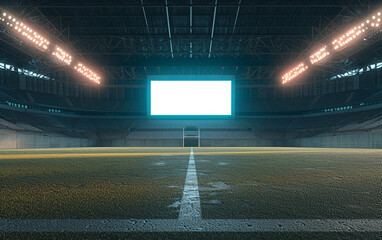 Serene Atmosphere in an Empty Indoor Stadium with Illuminated Field and Large Screen - Ideal for Sports Events Backgrounds and Virtual Environments