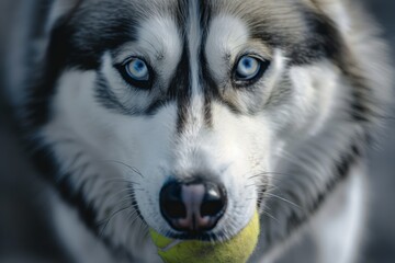 Obraz premium Intense Husky Gaze Holding Ball - The intense gaze of a Siberian Husky holding a tennis ball, captured in a close-up that highlights the dog's captivating eyes and playful nature.