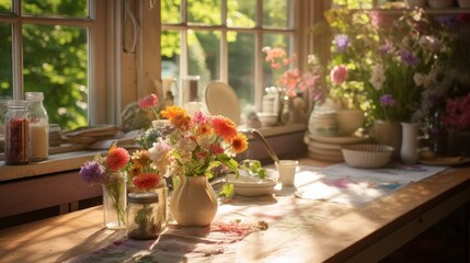 A beautiful bouquet of flowers sitting on a wooden table in front of a bright window