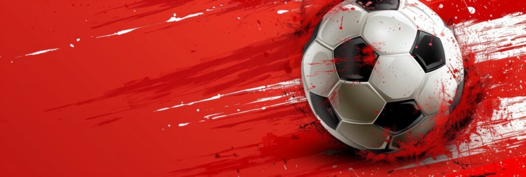 Fototapeta Soccer Ball on Red Explosive Background - Intense and powerful concept of a soccer ball with red splashes, copy space ,banner, advertising