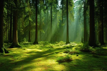 The sun shines through the green forest