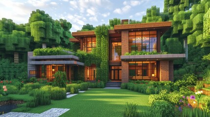 Modern glass house exterior with green roof and walls made of bricks and wood - obrazy, fototapety, plakaty