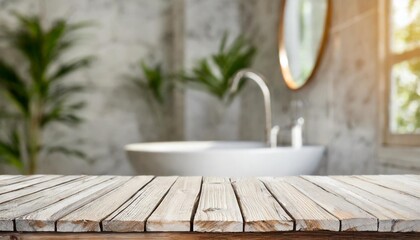 bleached wooden table for product display on defocused bathroom background - obrazy, fototapety, plakaty