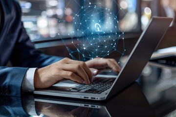 Businessman using a laptop, data protection, cyber security technology concept