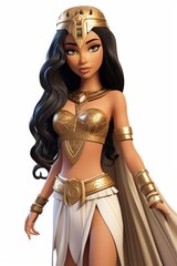 An illustration of a beautiful Egyptian queen with long black hair wearing a golden outfit and a headdress