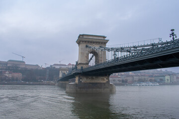 Iconic Szechenyi Chain Bridge in Budapest Hungary. Bridge on the Danube River between Buda and Pest