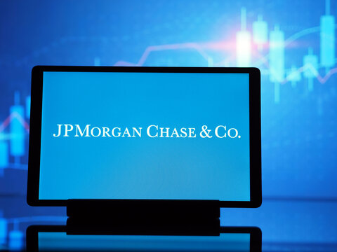 In this photo illustration, JPMorgan Chase & Co logo seen displayed on a tablet