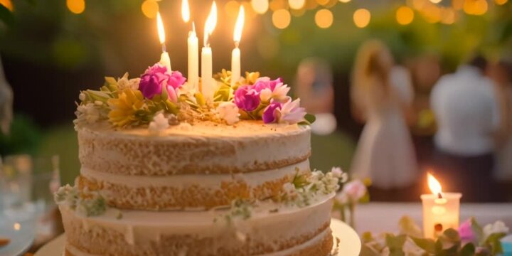 A rustic birthday cake with handmade candles and natural decor, with the indistinct image of people enjoying an outdoor garden party.