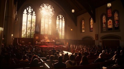 Churchâ›ªwith stained glass windows and a large crowd of people sitting in pews listening to a sermon - obrazy, fototapety, plakaty
