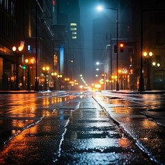 Rainy city street with skyscrapers at night