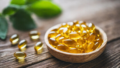 Bright yellow fish oil capsules or vitamin D capsules on a soft surface, symbolizing health and wellness at home