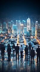 Business professionals looking at a futuristic city - obrazy, fototapety, plakaty