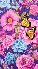 Pink and blue flowers with yellow butterflies