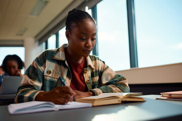 Black female student taking notes while learning at college classroom.