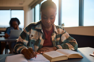 Young black student learning for her upcoming exams at college classroom.