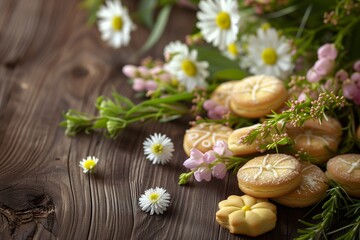 Obraz na płótnie Canvas Easter Biscuits Arrangement on a Rustic Wooden Table with Fresh Spring Flowers