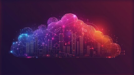 Smart city illustration with connected buildings and glowing cloud - obrazy, fototapety, plakaty