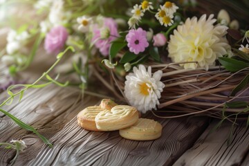 Obraz na płótnie Canvas Easter Biscuits Arrangement on a Rustic Wooden Table with Fresh Spring Flowers