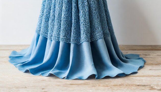 closeup of mannequin doll legs with a blue woolen dress on white background