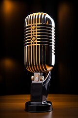 Retro microphone on wooden table with blurred background