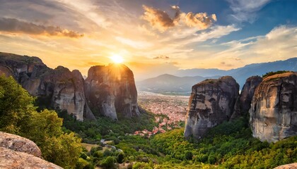 panoramic landscape of meteora greece at romantic sundown time with real sun and sunset sky meteora incredible sandstone rock formations the meteora area is on unesco world heritage