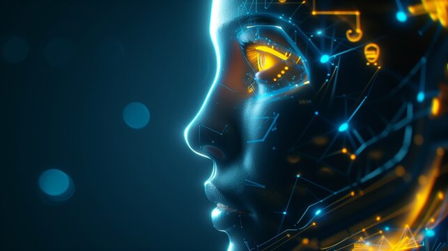 Humanoid head in side view, symbolizing artificial intelligence and futuristic technology, with blue and yellow eyes and a bright neon neural network.