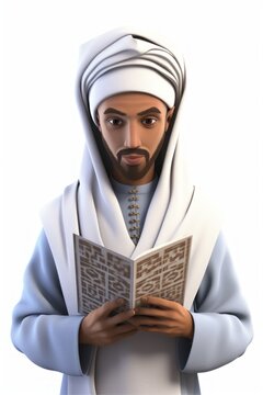 Illustration of a Muslim man wearing a ghutra with a white turban reading the Quran