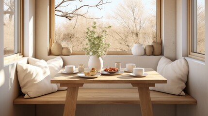 A cozy breakfast nook with a view of the woods - obrazy, fototapety, plakaty