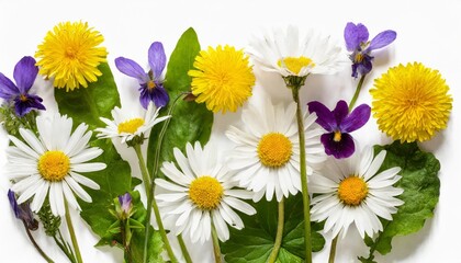 meadow wild flowers daisy cardamine dandelion and viola flower set png isolated with transparent background flat lay top view without shadow