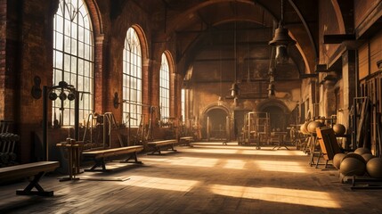An illustration of a vintage gym with wooden benches and barbells