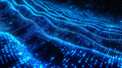 Blue Wavy Digital Landscape with Binary Code