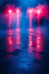 Spotlight on the wet asphalt road at night with pink and blue neon lights illuminating the foggy atmosphere