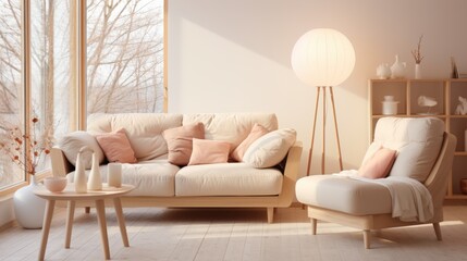 Fototapeta na wymiar Airy and bright living room with large windows and a comfortable sofa