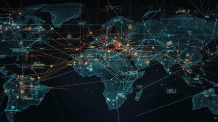 technology network world map on blue background, global communication network concept - obrazy, fototapety, plakaty