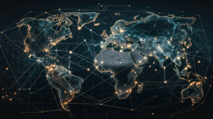 Fototapeta na wymiar technology network world map on blue background, global communication network concept