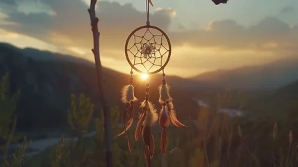 Photo sur Plexiglas Style bohème Dreamcatcher sunset , the mountains, boho chic, ethnic amulet,symbol