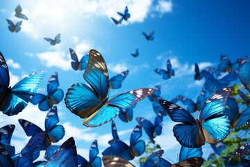 Blue butterflies in flight