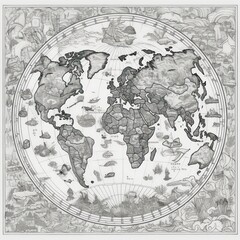 black and white map globe, in the style of engraved line-work, hand-coloring, realistic watercolors, otherworldly beings