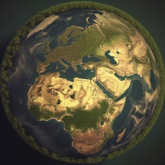 green globe, with grass and tree, light yellow and dark indigo, aerial photography, dark, foreboding landscapes, naturalistic depictions of flora and fauna