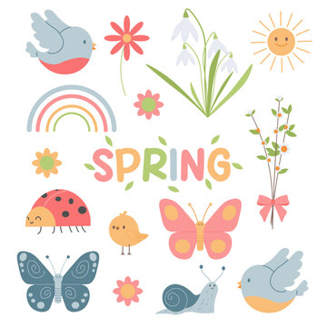 Spring set. flowers and birds, insects. flat Vector illustration