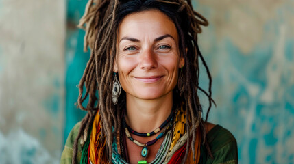 Mature woman with dreadlocks looking at the camera with a smile