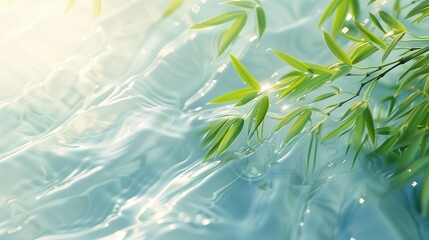 Light blue translucent water wave with a fresh green bamboo leaf on it