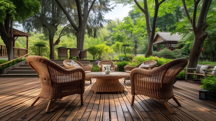 Fototapeta na wymiar Huge wooden-floored terrace patio in the garden furnished with rattan garden chairs.